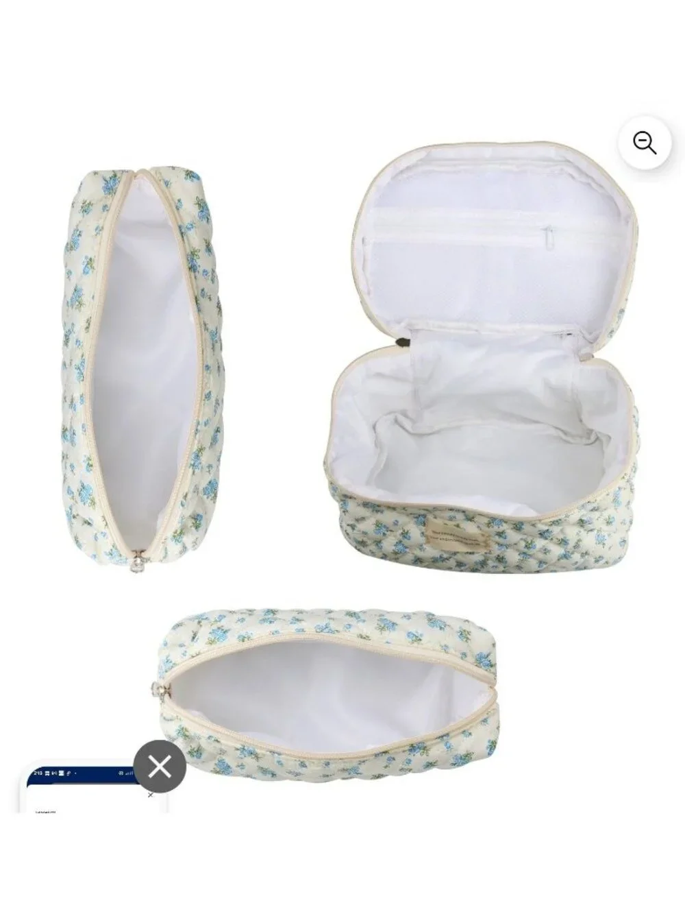 3 Pc Quilted Zip Floral Makeup Bag Set Blue Rose Cosmetic Toiletry Travel Gift